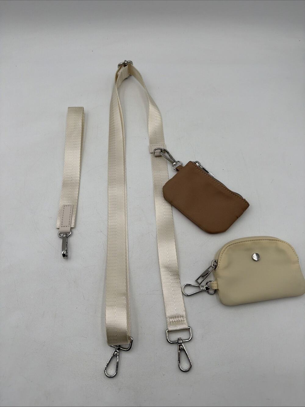 Dual Pouch Wallets Wristlet Keychain Cream and Brown